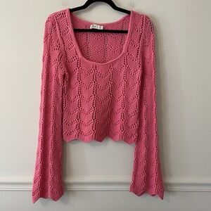Hollister Crochet Open Knit Long Sleeve Hot Pink Top Size S Coquette Bell Sleeve